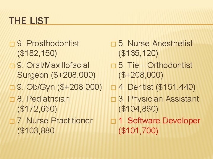 THE LIST 9. Prosthodontist ($182, 150) � 9. Oral/Maxillofacial Surgeon ($+208, 000) � 9.