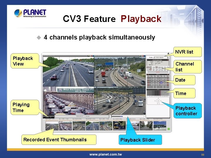 CV 3 Feature Playback u 4 channels playback simultaneously NVR list Playback View Channel