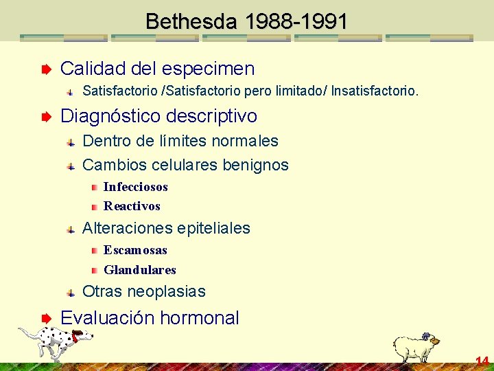 Bethesda 1988 -1991 Calidad del especimen Satisfactorio /Satisfactorio pero limitado/ Insatisfactorio. Diagnóstico descriptivo Dentro