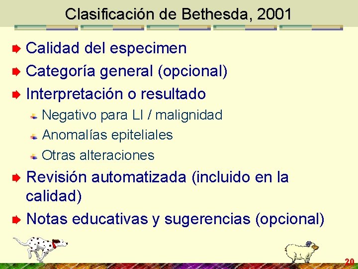 Clasificación de Bethesda, 2001 Calidad del especimen Categoría general (opcional) Interpretación o resultado Negativo