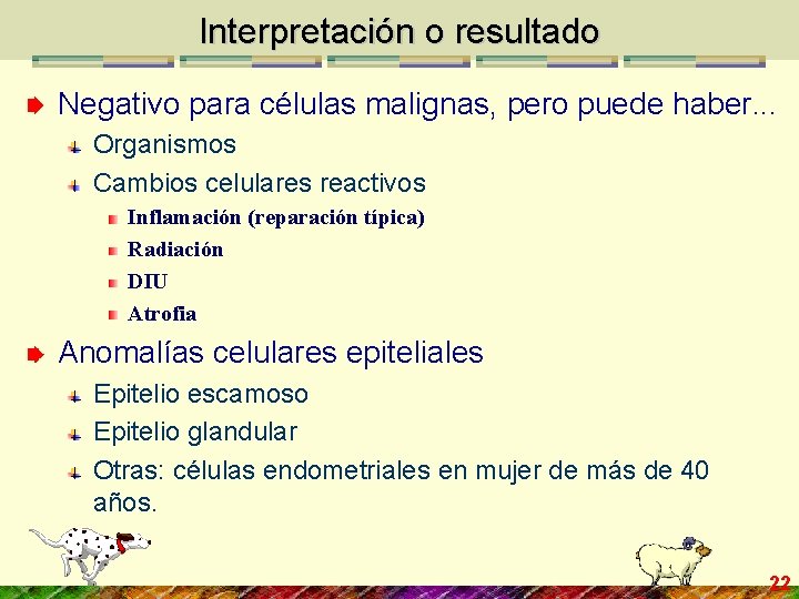Interpretación o resultado Negativo para células malignas, pero puede haber. . . Organismos Cambios