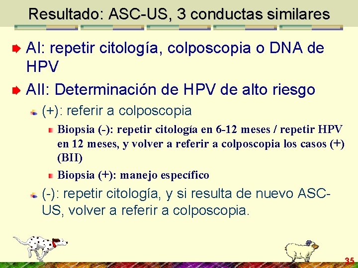 Resultado: ASC-US, 3 conductas similares AI: repetir citología, colposcopia o DNA de HPV AII: