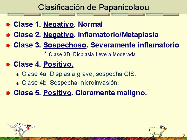 Clasificación de Papanicolaou Clase 1. Negativo. Normal Clase 2. Negativo. Inflamatorio/Metaplasia Clase 3. Sospechoso.