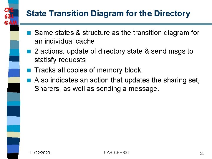 CPE 631 AM State Transition Diagram for the Directory Same states & structure as