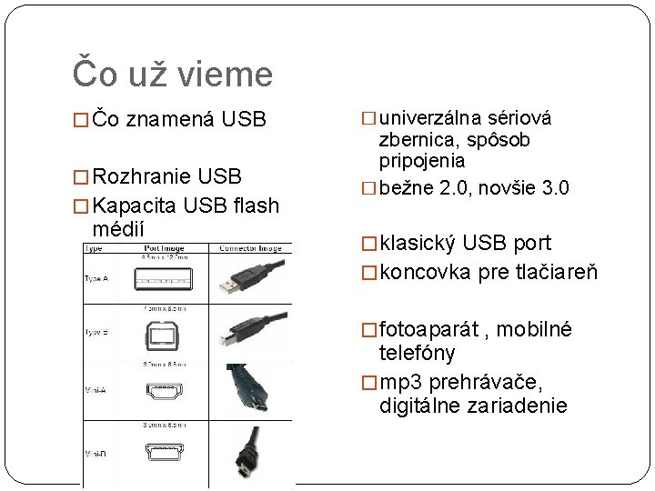 Čo už vieme � Čo znamená USB � Rozhranie USB � Kapacita USB flash