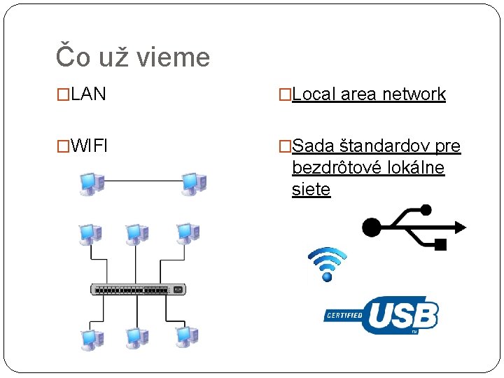 Čo už vieme �LAN �Local area network �WIFI �Sada štandardov pre bezdrôtové lokálne siete