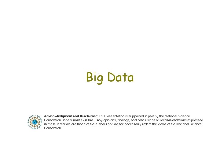 Big Data Acknowledgment and Disclaimer: This presentation is supported in part by the National