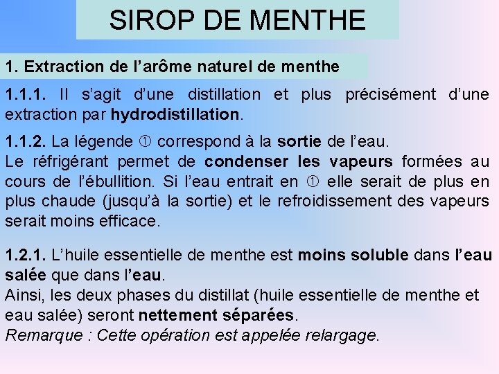 SIROP DE MENTHE 1. Extraction de l’arôme naturel de menthe 1. 1. 1. Il