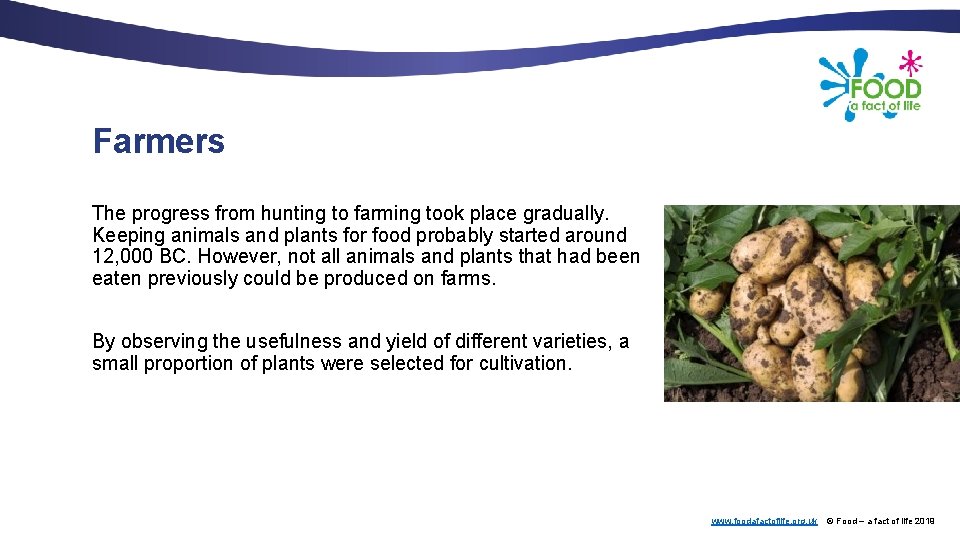 Farmers The progress from hunting to farming took place gradually. Keeping animals and plants