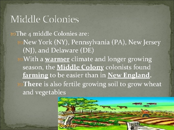 Middle Colonies The 4 middle Colonies are: New York (NY), Pennsylvania (PA), New Jersey Middle Colonies The 4 middle Colonies are: New York (NY), Pennsylvania (PA), New Jersey