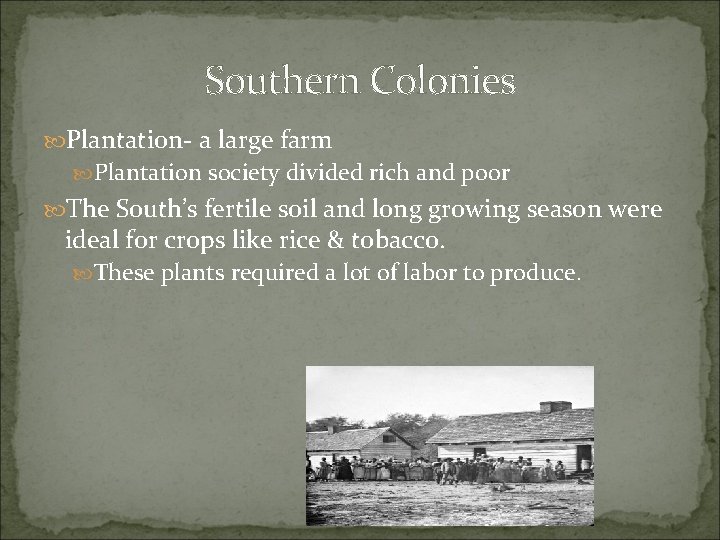 Southern Colonies Plantation- a large farm Plantation society divided rich and poor The South’s Southern Colonies Plantation- a large farm Plantation society divided rich and poor The South’s