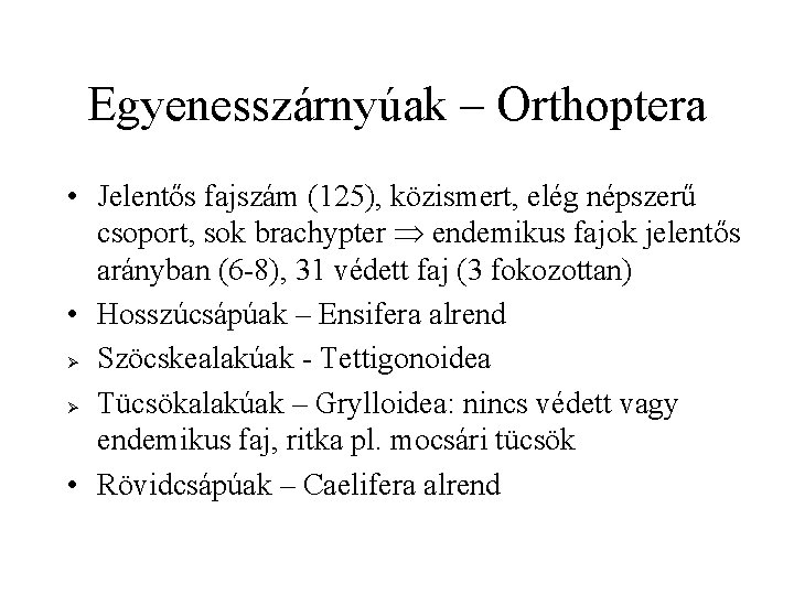 Egyenesszárnyúak – Orthoptera • Jelentős fajszám (125), közismert, elég népszerű csoport, sok brachypter endemikus