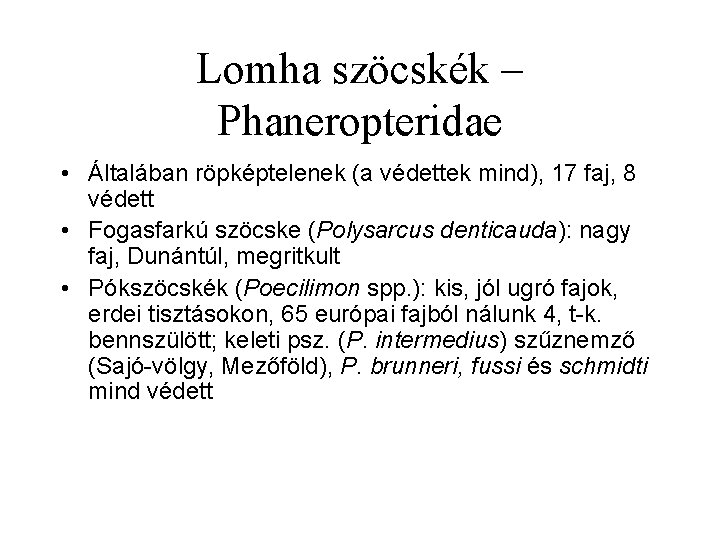 Lomha szöcskék – Phaneropteridae • Általában röpképtelenek (a védettek mind), 17 faj, 8 védett