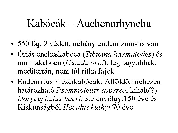 Kabócák – Auchenorhyncha • 550 faj, 2 védett, néhány endemizmus is van • Óriás