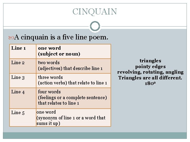 CINQUAIN A cinquain is a five line poem. Line 1 one word (subject or