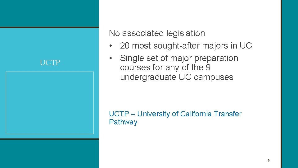 UCTP No associated legislation • 20 most sought-after majors in UC • Single set