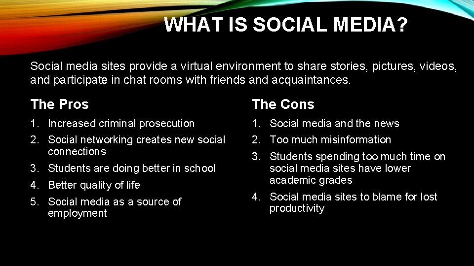 WHAT IS SOCIAL MEDIA? Social media sites provide a virtual environment to share stories,