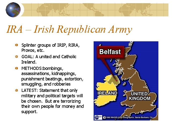 IRA – Irish Republican Army Splinter groups of IRIP, RIRA, Provos, etc. GOAL: A