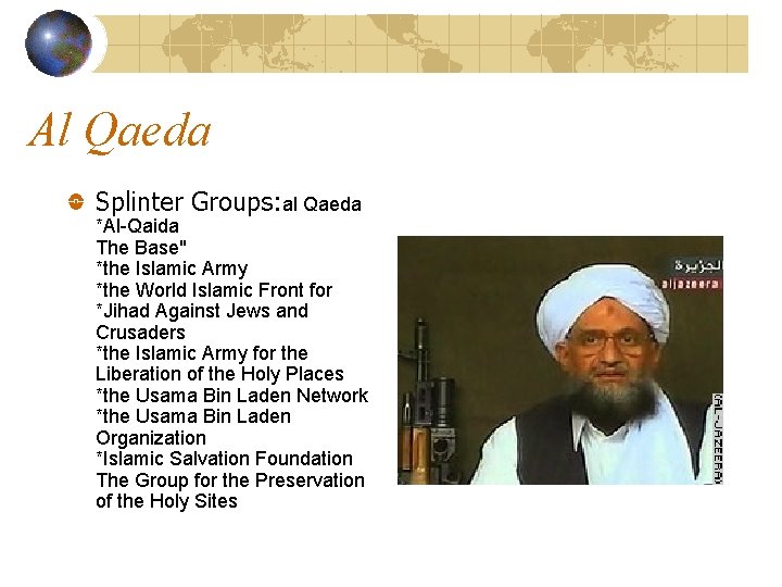Al Qaeda Splinter Groups: al Qaeda *Al-Qaida The Base" *the Islamic Army *the World