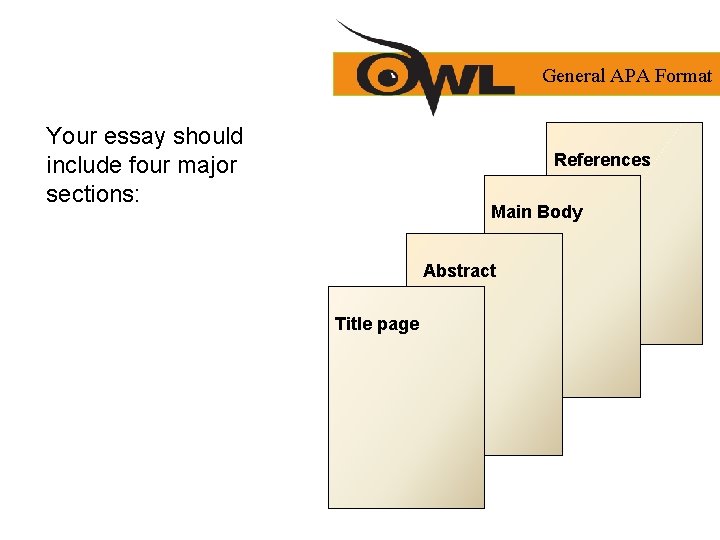 General APA Format Your essay should include four major sections: References Main Body Abstract