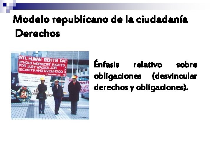 Modelo republicano de la ciudadanía Derechos n Énfasis relativo sobre obligaciones (desvincular derechos y Modelo republicano de la ciudadanía Derechos n Énfasis relativo sobre obligaciones (desvincular derechos y