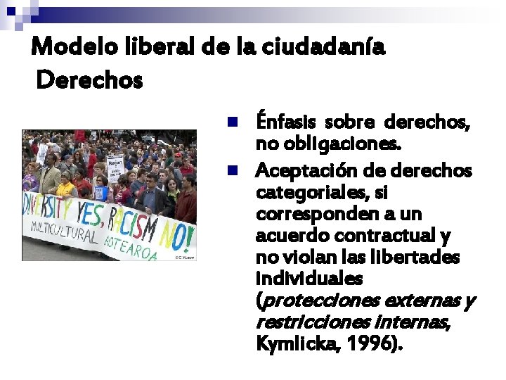Modelo liberal de la ciudadanía Derechos n n Énfasis sobre derechos, no obligaciones. Aceptación Modelo liberal de la ciudadanía Derechos n n Énfasis sobre derechos, no obligaciones. Aceptación