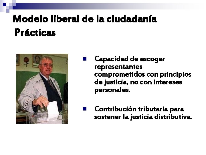 Modelo liberal de la ciudadanía Prácticas n Capacidad de escoger representantes comprometidos con principios Modelo liberal de la ciudadanía Prácticas n Capacidad de escoger representantes comprometidos con principios