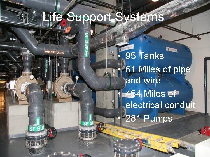 Life Support Systems • 95 Tanks • 61 Miles of pipe and wire •