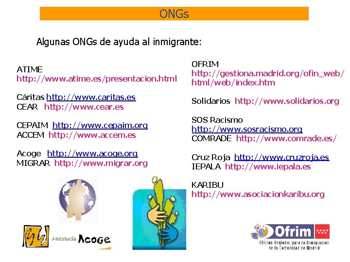ONGs Algunas ONGs de ayuda al inmigrante: ATIME http: //www. atime. es/presentacion. html OFRIM