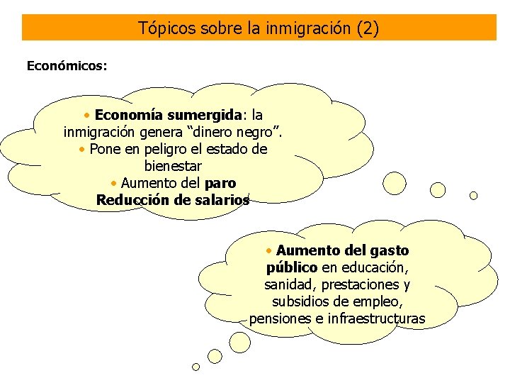 Tópicos sobre la inmigración (2) Económicos: • Economía sumergida: la inmigración genera “dinero negro”.