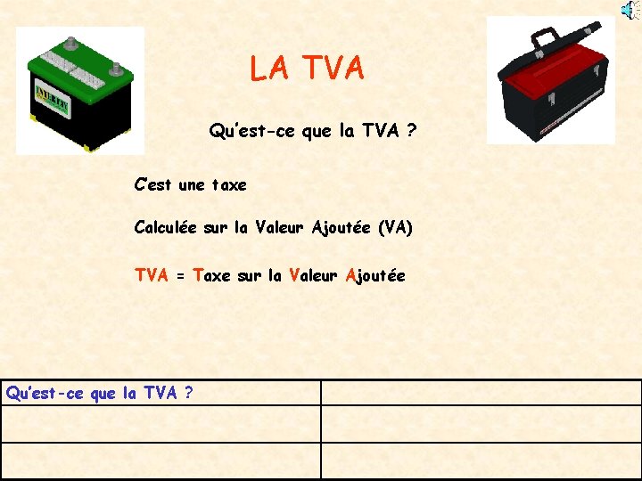 LA TVA Qu’est-ce que la TVA ? C’est une taxe Calculée sur la Valeur