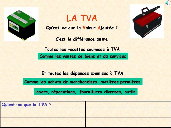 LA TVA Qu’est-ce que la Valeur Ajoutée ? C’est la différence entre Toutes les