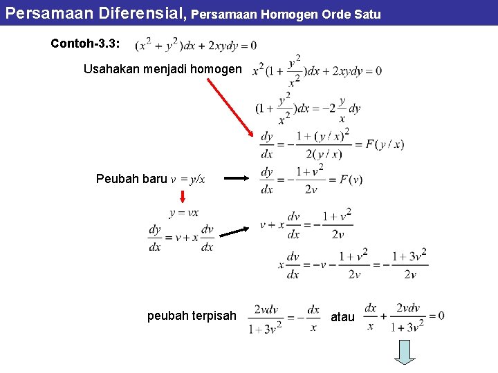 Persamaan Diferensial, Persamaan Homogen Orde Satu Contoh-3. 3: Usahakan menjadi homogen Peubah baru v