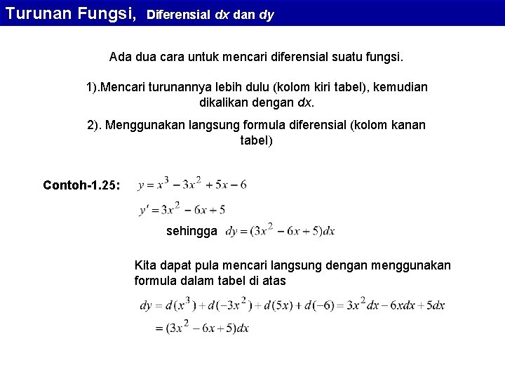 Turunan Fungsi, Diferensial dx dan dy Ada dua cara untuk mencari diferensial suatu fungsi.