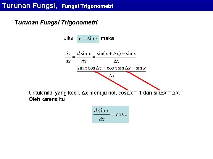 Turunan Fungsi, Fungsi Trigonometri Turunan Fungsi Trigonometri Jika maka Untuk nilai yang kecil, Δx