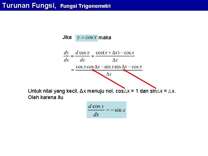 Turunan Fungsi, Fungsi Trigonometri Jika maka Untuk nilai yang kecil, Δx menuju nol, cos