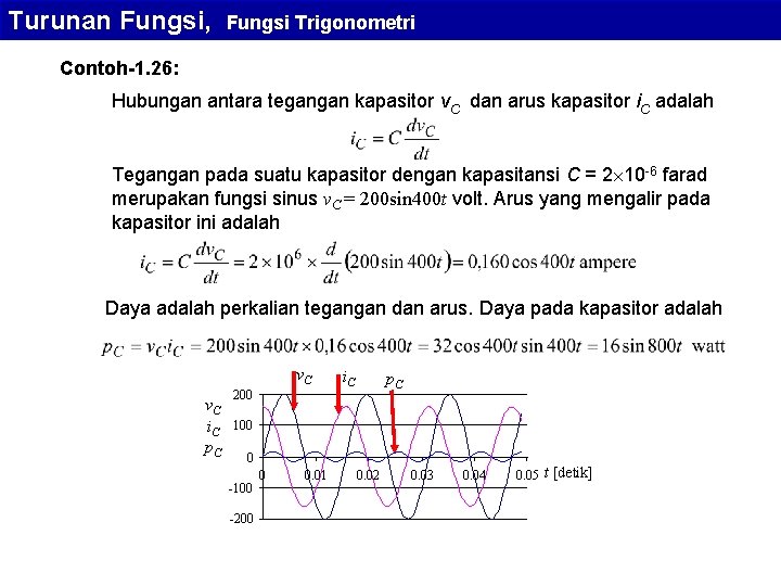 Turunan Fungsi, Fungsi Trigonometri Contoh-1. 26: Hubungan antara tegangan kapasitor v. C dan arus