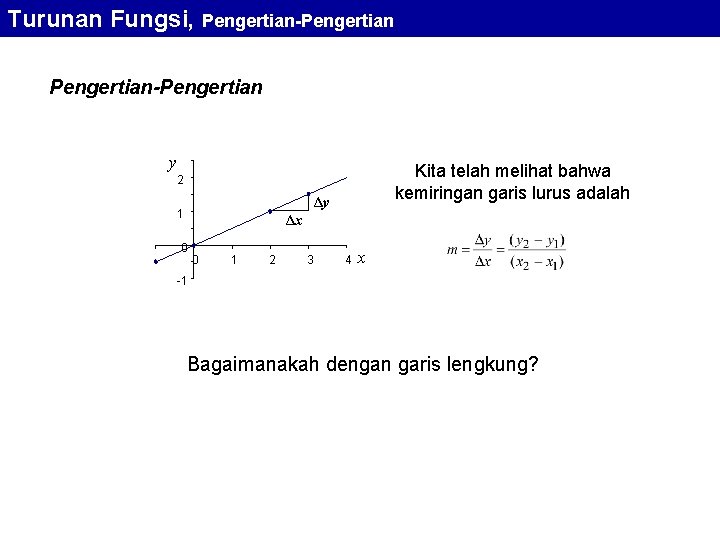 Turunan Fungsi, Pengertian-Pengertian y Kita telah melihat bahwa kemiringan garis lurus adalah 2 Δy