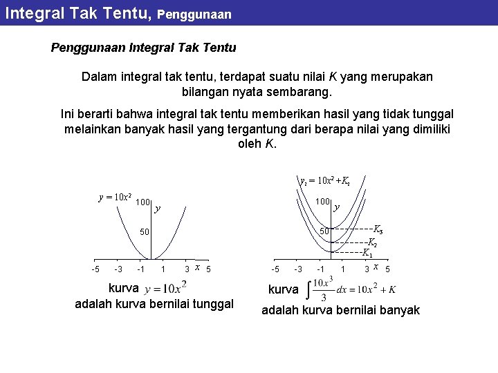 Integral Tak Tentu, Penggunaan Integral Tak Tentu Dalam integral tak tentu, terdapat suatu nilai