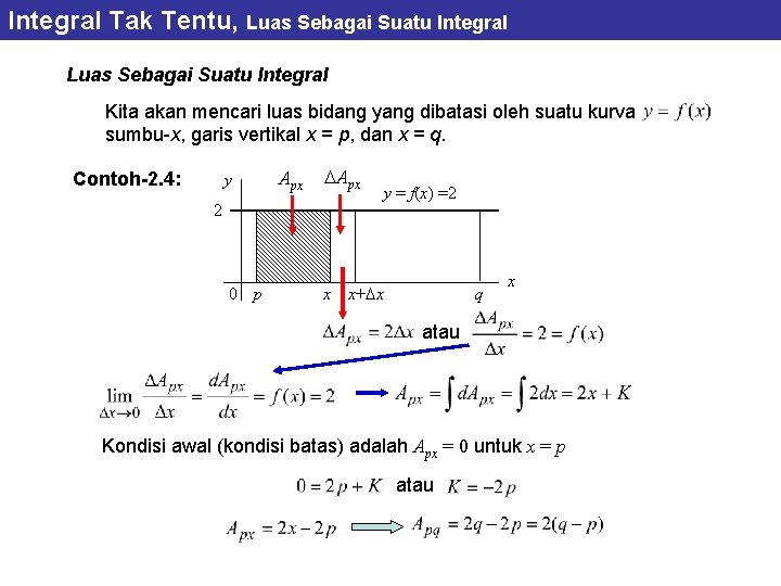 Integral Tak Tentu, Luas Sebagai Suatu Integral Kita akan mencari luas bidang yang dibatasi