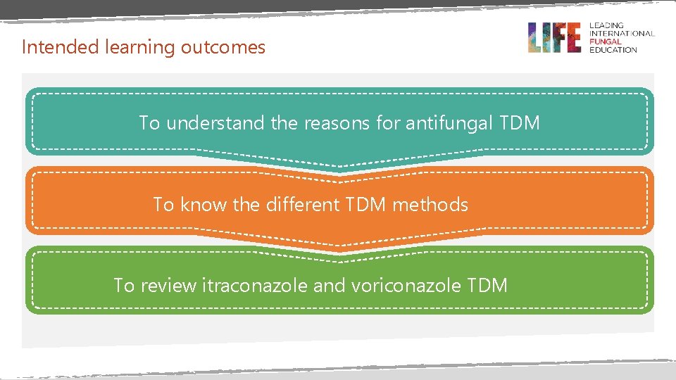 Intended learning outcomes To understand the reasons for antifungal TDM To know the different