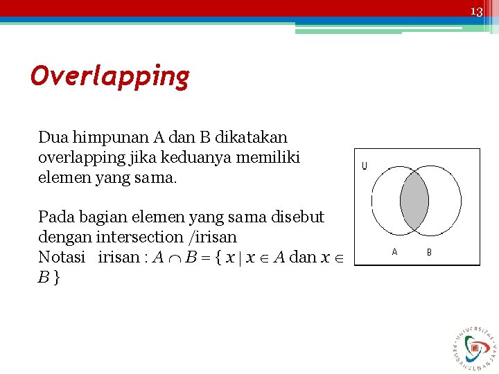 13 Overlapping Dua himpunan A dan B dikatakan overlapping jika keduanya memiliki elemen yang