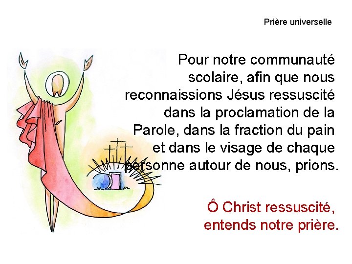 Prière universelle Pour notre communauté scolaire, afin que nous reconnaissions Jésus ressuscité dans la