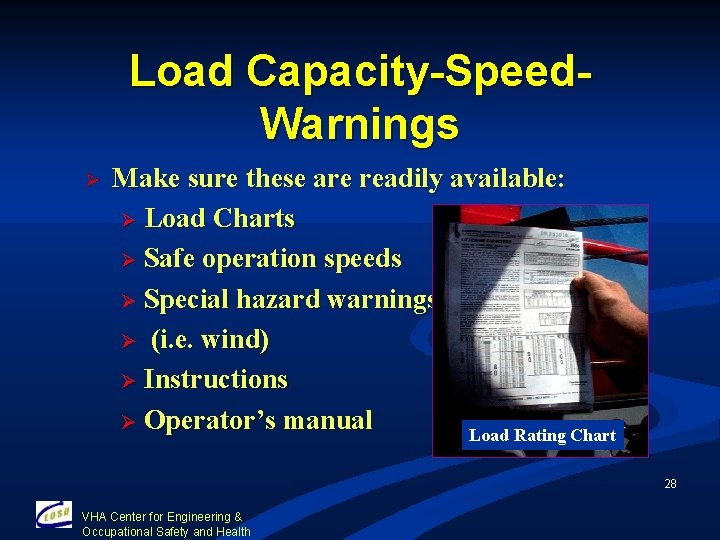 Load Capacity-Speed. Warnings Ø Make sure these are readily available: Ø Load Charts Ø