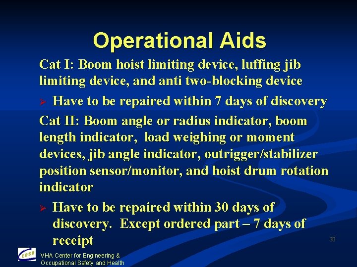 Operational Aids Cat I: Boom hoist limiting device, luffing jib limiting device, and anti