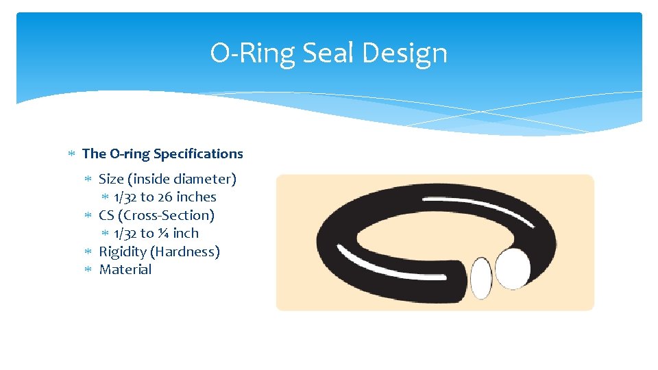 O-Ring Seal Design The O-ring Specifications Size (inside diameter) 1/32 to 26 inches CS