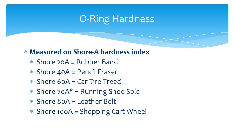 O-Ring Hardness Measured on Shore-A hardness index Shore 20 A = Rubber Band Shore