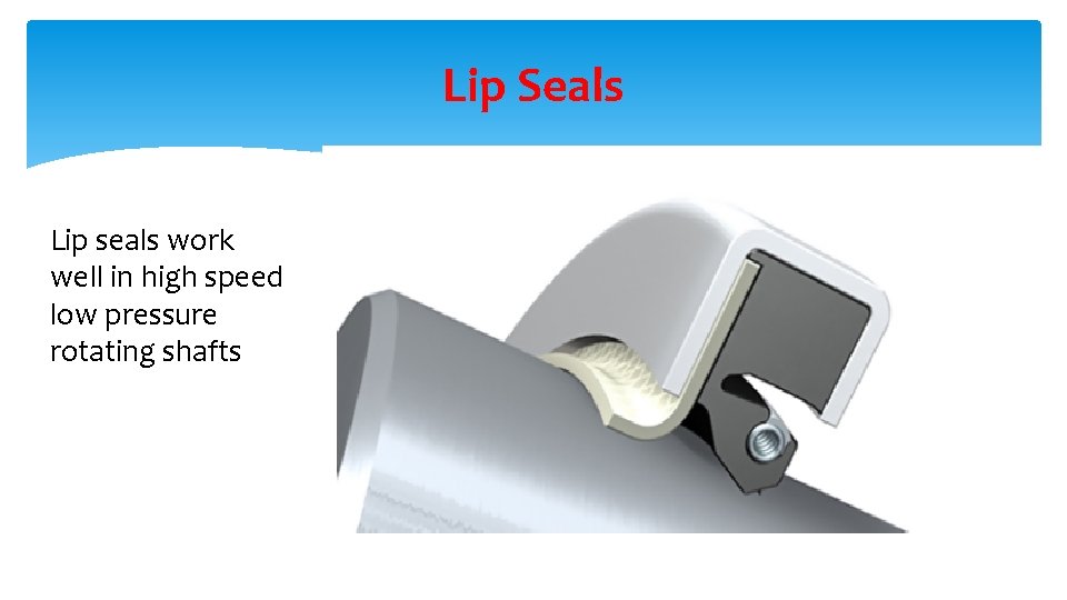 Lip Seals Lip seals work well in high speed low pressure rotating shafts 