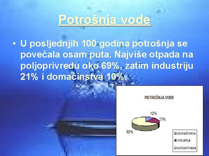 Potrošnja vode • U posljednjih 100 godina potrošnja se povećala osam puta. Najviše otpada