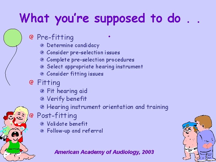 What you’re supposed to do. . . Pre-fitting Determine candidacy Consider pre-selection issues Complete